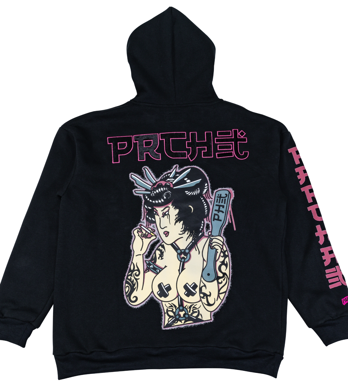hoodie_oversize_negro_coleccion_pecado_parchados_espalda_manga_abierta