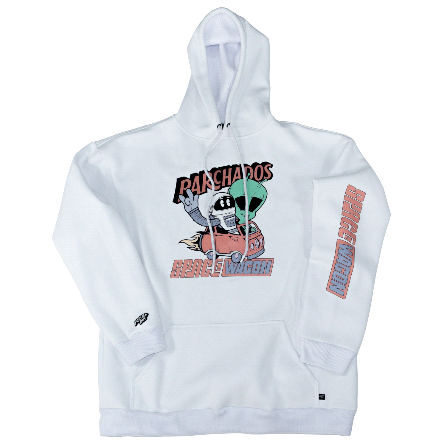hoodie_oversize_blanco_estamapado_Parchados_collab_Spacewagon_frente_mangas_adelante